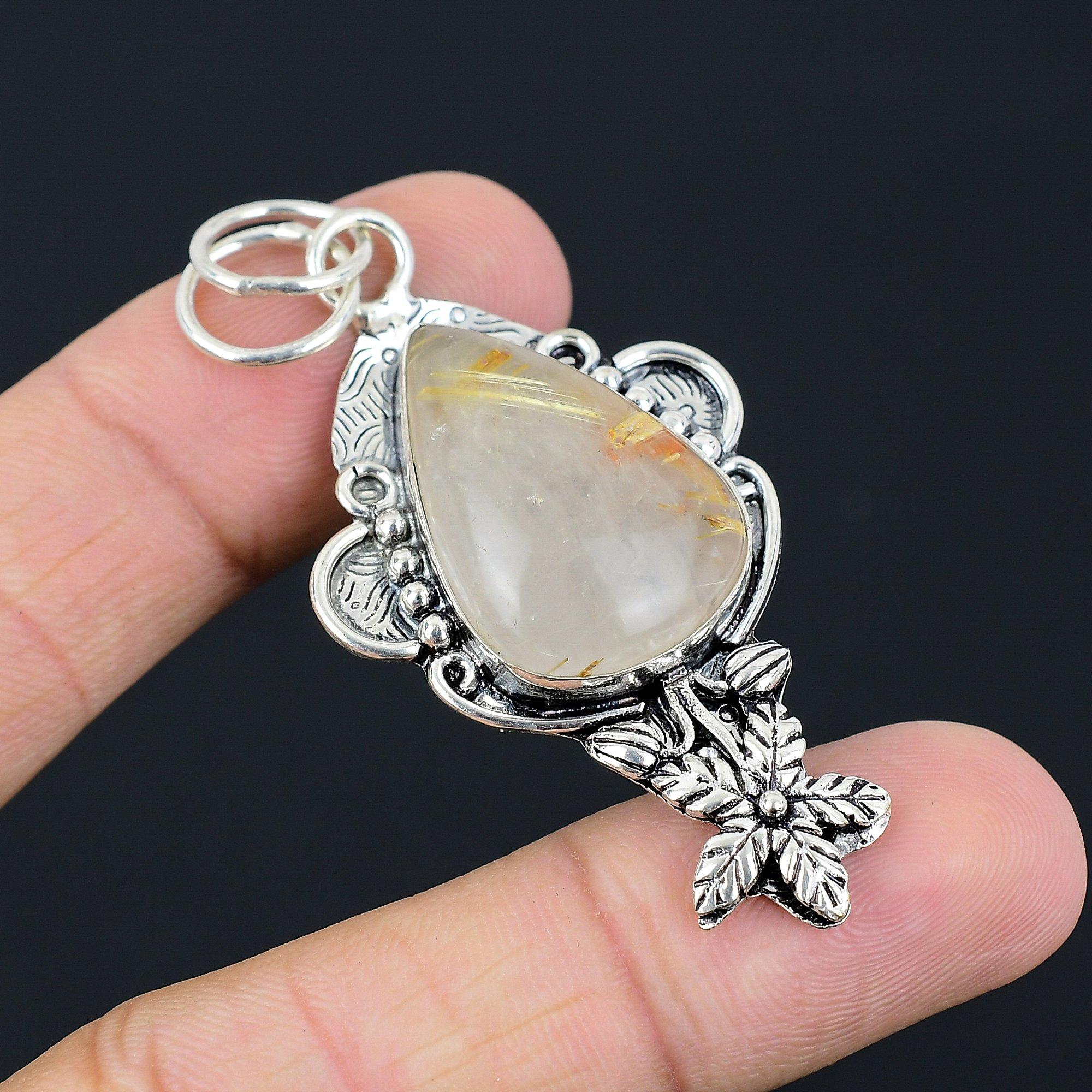 Sisters Day Sale Natural Golden Rutile 925 Sterling Silver Wife Flower Pendant