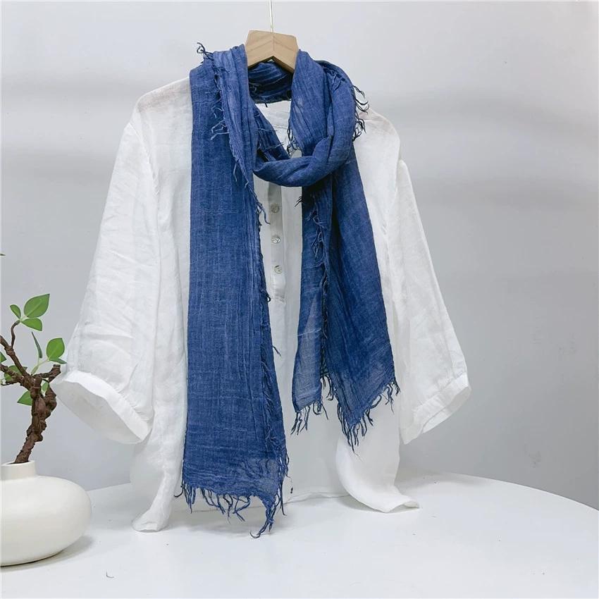 Retro Fluffy Edges Cotton Scarf Personality Wrinkle Design Slender Spring Summer Long Scarves