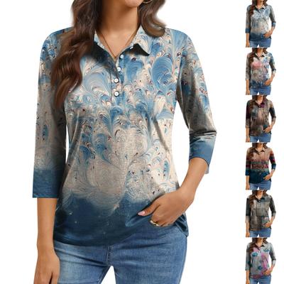 Women's Fashion Casual Lapel Short 3/4 Sleeve Print Shirt Women's Button Up Tops