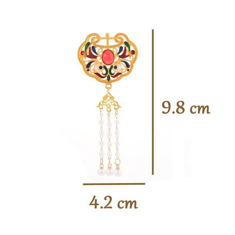 Chinese Style Pearl Tassel Gold Hollowed Peace Lock Brooches Women'S Vintage Luxury Exquisite Wedding Accessories Gift