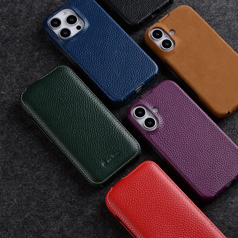 Melkco Genuine Leather Flip Case for iPhone 16 Pro Max/Plus - Magnetic Protective Cover