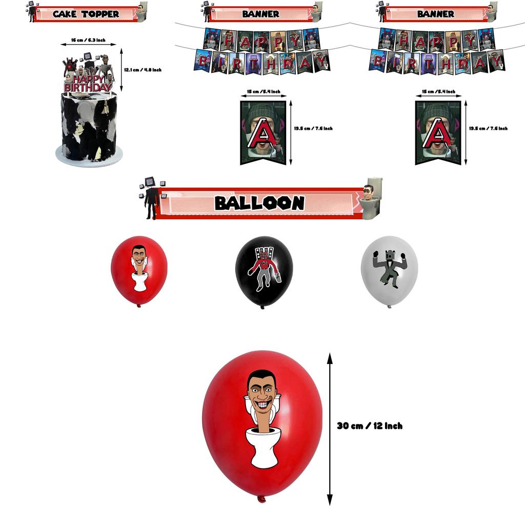 Skibidi Toilet Theme Birthday Party Decoration Kit Monster Birthday Cake Topper Paper Flag Balloons And More!