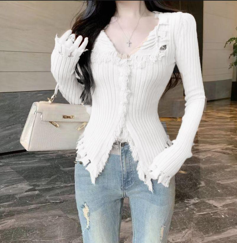Women's Autumn Winter Frayed Edge V-Neck Sweater: Slimming, Flattering Niche Knitwear Cardigan