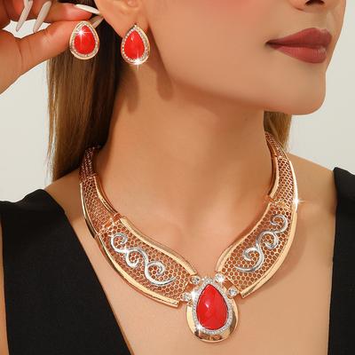 European and American Retro Diamond-encrusted Red and Blue Resin Accessories Necklace Earrings Set Exaggerated Fashion Dress Banquet Accessories