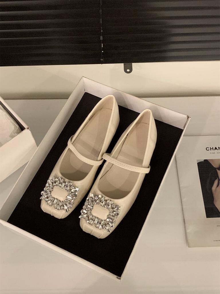 Flat Silver Mary Jane Single Shoes Women's Shoes 2025 New Spring and Autumn Square Head Rhinestone Red Evening Shoes