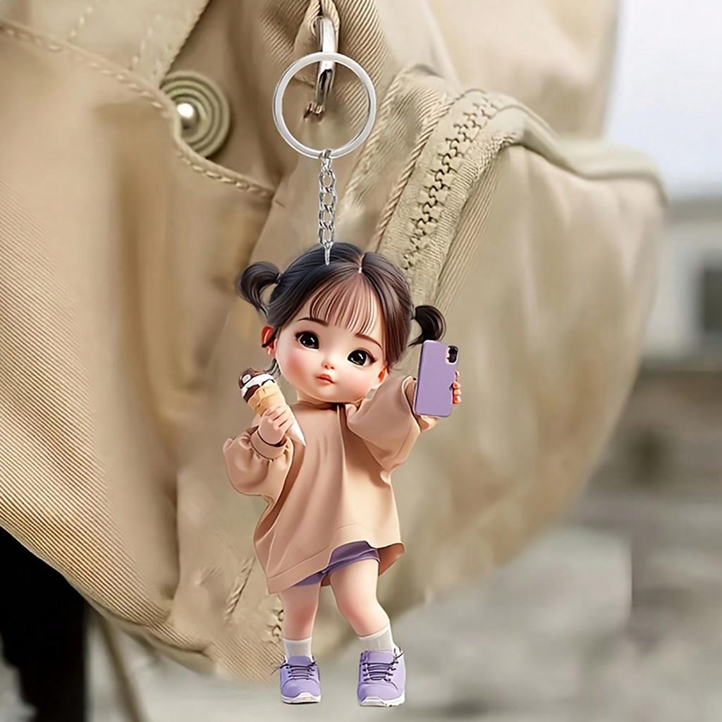 1 Cute Acrylic Girl Keychain, 2D Flat, Holiday Gift, Backpack Accessories, Key Decoration, Car Decoration, Keychain, Pendant