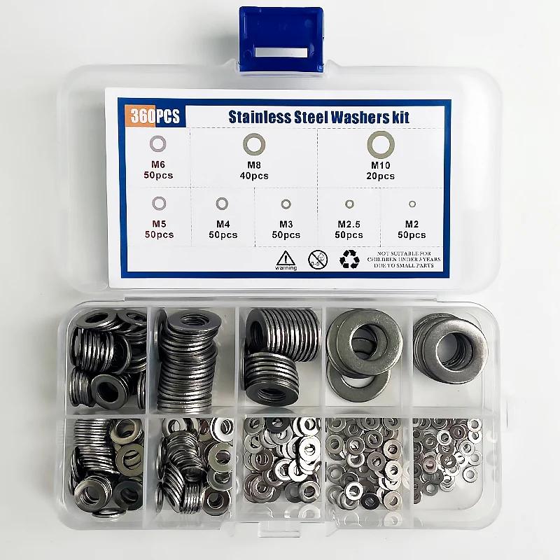 360pcs/Box M2 M2.5 M3 M4 M5 M6 M8 M10 304 Stainless Steel Washer Set Adjusting Shim Plain Gasket Assortment Kit Box