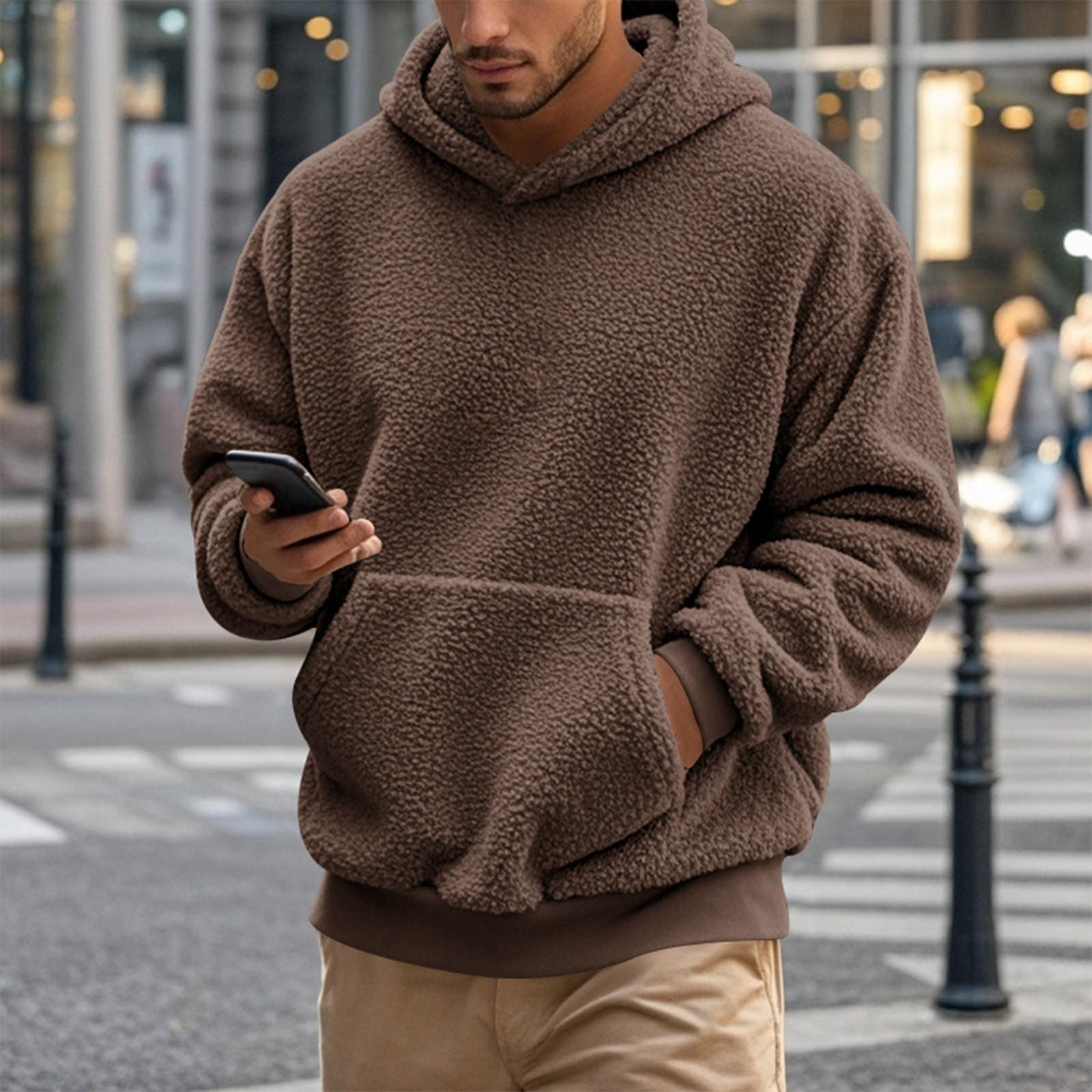 Fleece Hoodie Men Fuzzy Hoodie Pullover Sweatshirts Pocket Hoodie Fall Outfits Winter Hooded Outwear M коричневый 2617₽