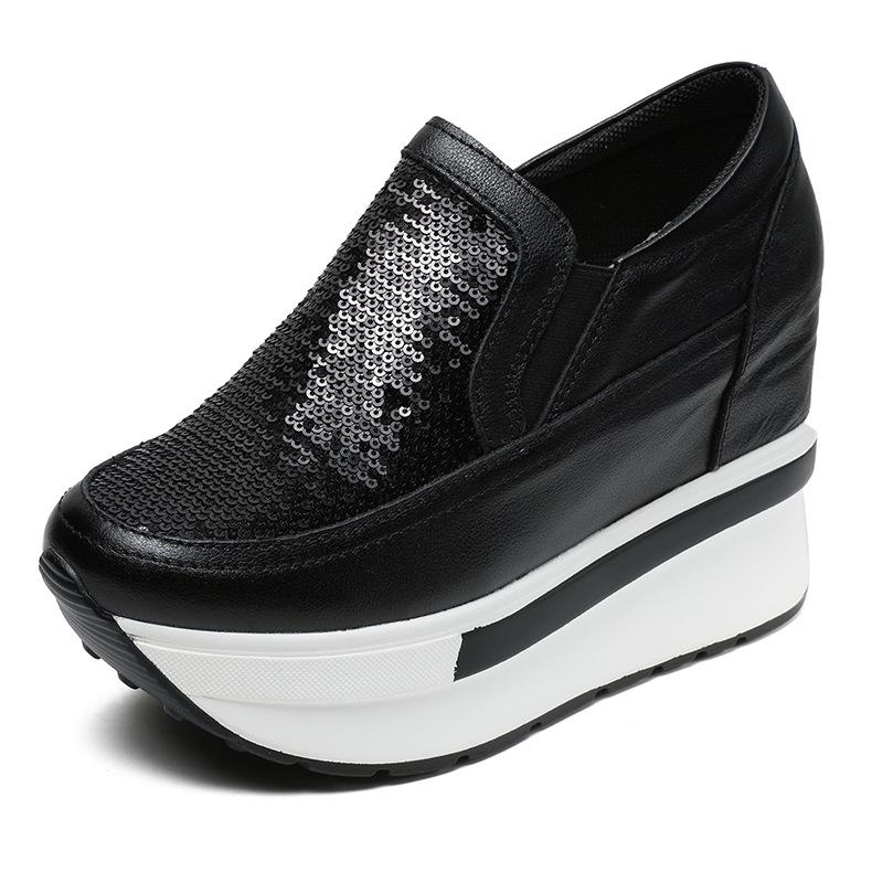 

Осенью 2025 года новые повседневные туфли на скрытой платформе, танкетка, первый слой коровьей кожи и маленькие белые туфли f 40 чёрный