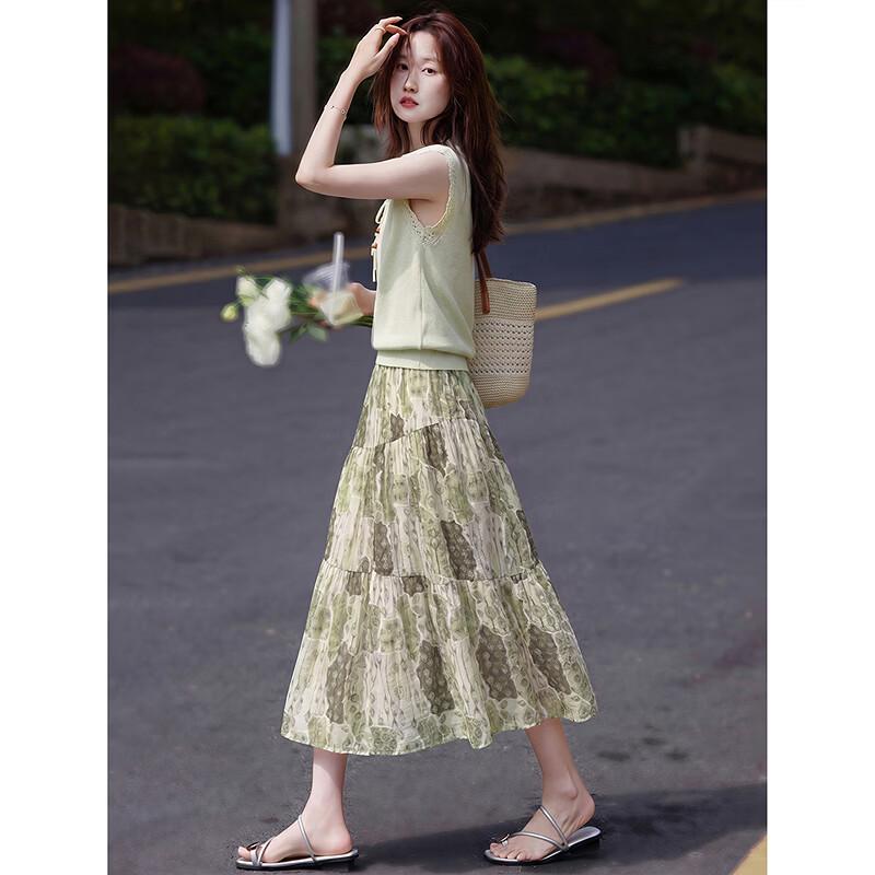Summer Tie-Neck Knit Top & High-Waist Skirt Set