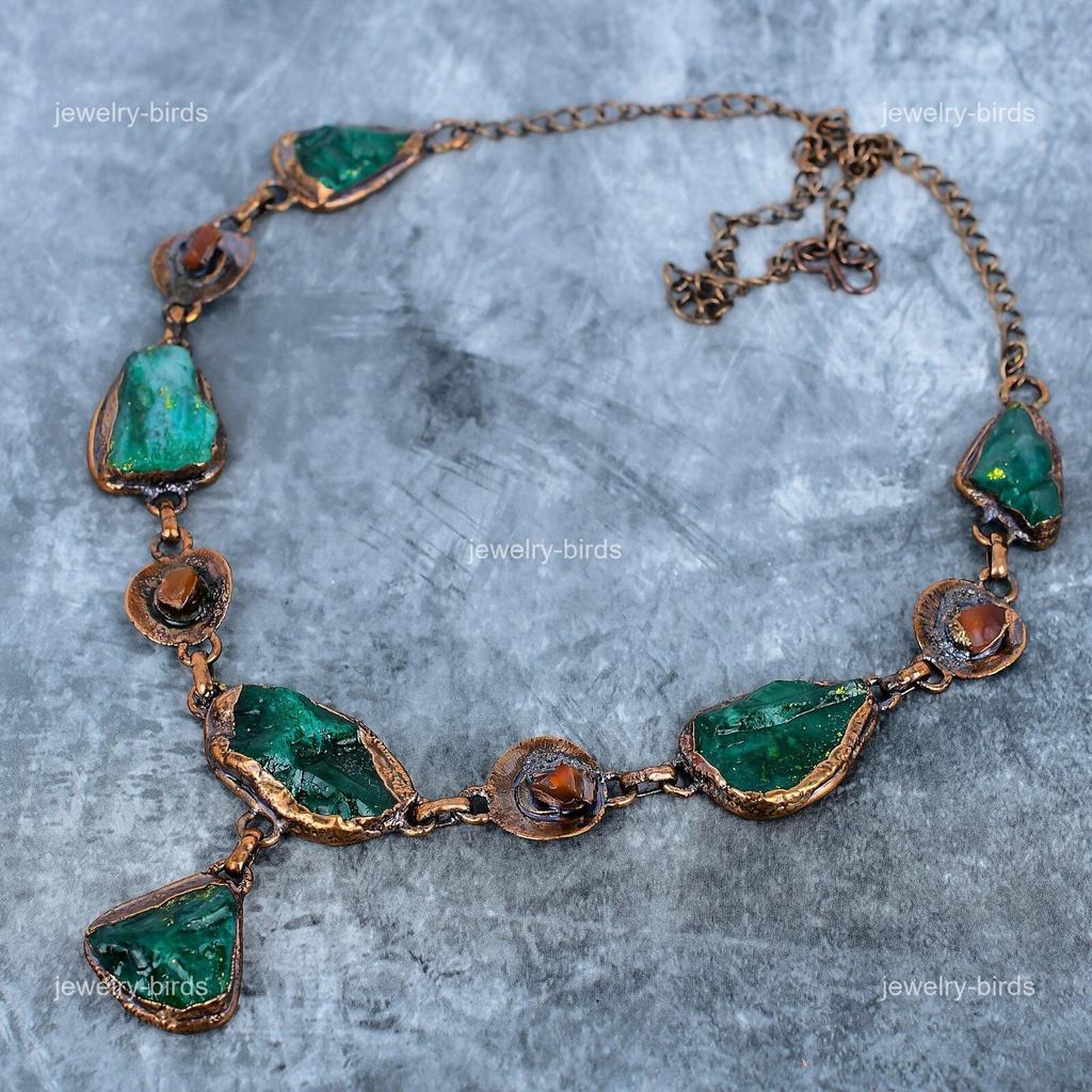 Green Tourmaline Gemstone Copper Electroformed Wife Gift Chain Necklace Jewelry VP-111