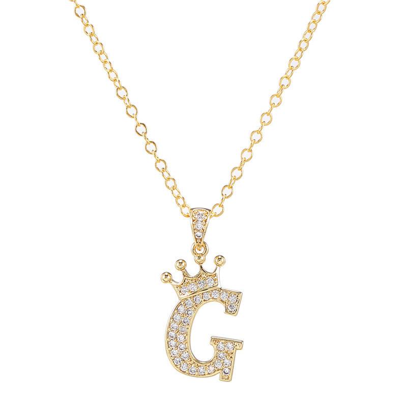 Fashion Cubic Zirconia Crown Letter Pendant Necklace Gold Hip Hop Punk Alphabet Jewelry