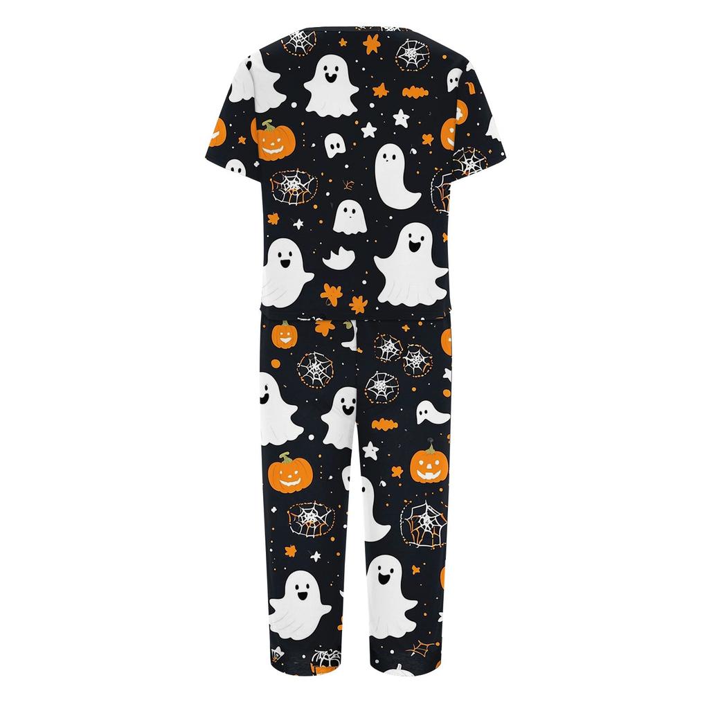 Dvoudílné soupravy pro ženy Krátký rukáv Top a Kalhoty s kapsami Cvičení Měkké Halloweenský potisk Soupravy