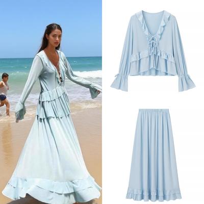 European & American Style Romantic Lace-up Ruffle Top and Long Skirt Set
