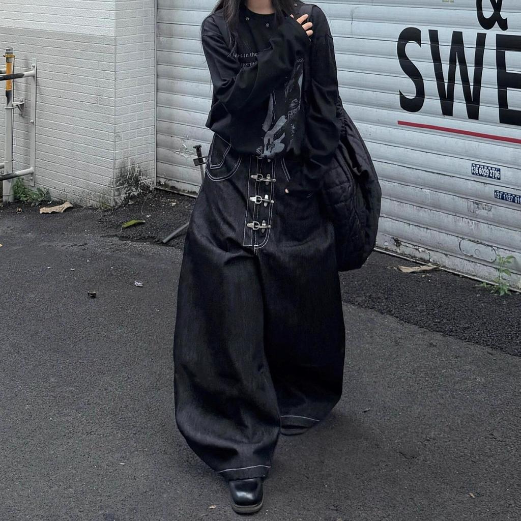 Women’s Multi-button Design Curved Wide-leg Jeans High Waist Straight Baggy Denim Pants Female Vintage Street Style Trouser