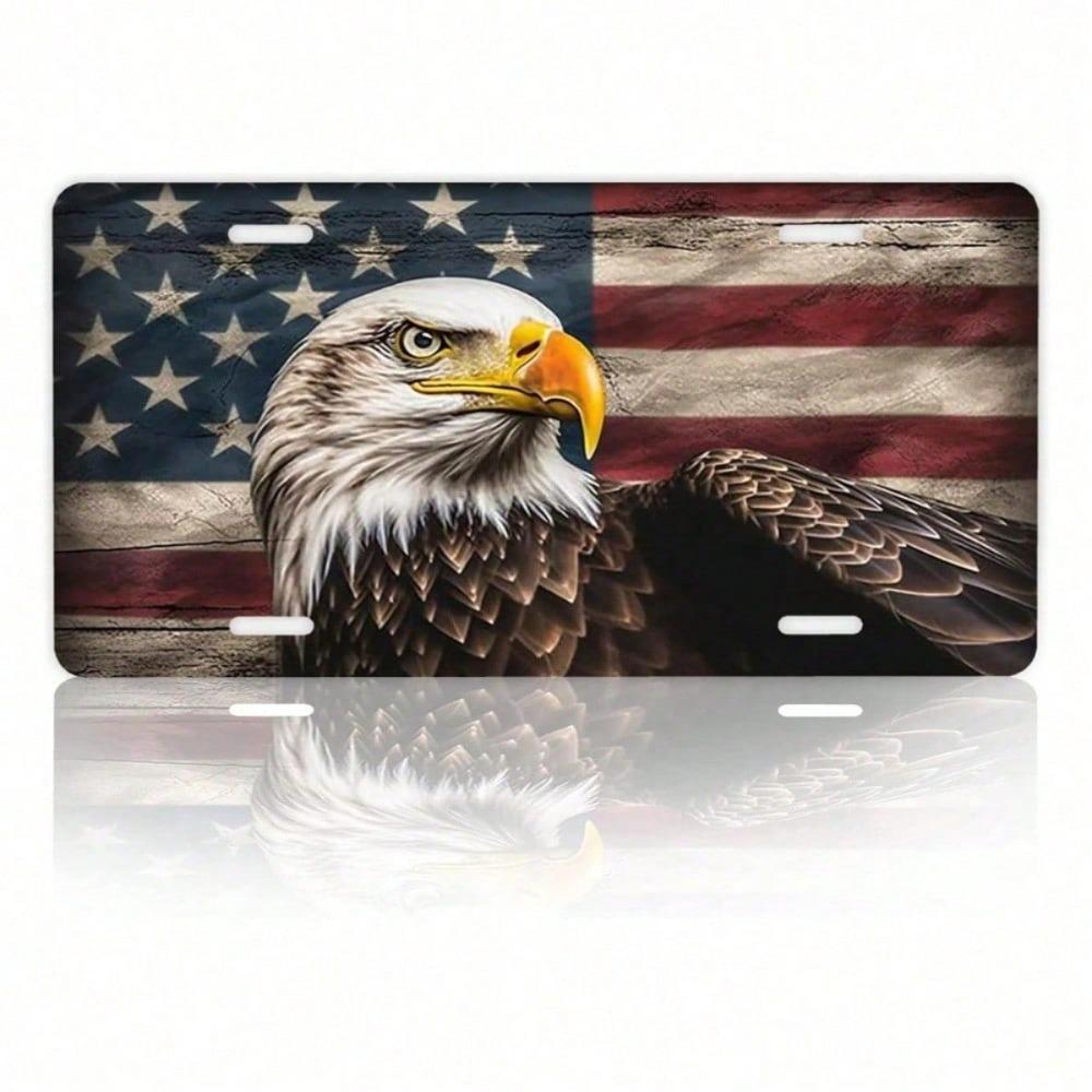 American Flag Eagle License Plate 12x6 Inch, Rust-Proof Stainless Steel Patriotic Car Tag, Decorative Front Vanity Plate With Sc