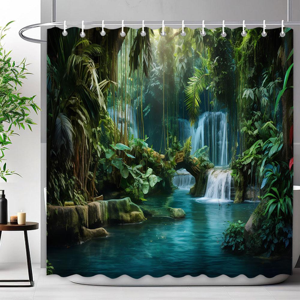 Mediterraner Wald Wasserfall Naturlandschaft Duschvorhang Polyesterstoff Waschbar Badvorhang Badezimmer Dekoration Mit Haken