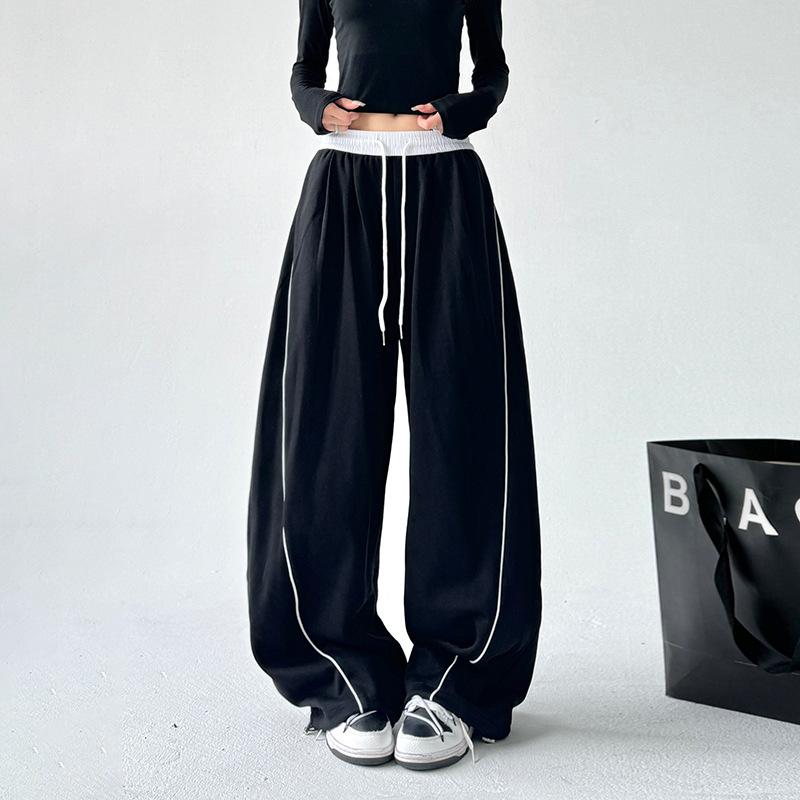American retro black sweatpants women's spring and autumn new loose casual sweatpants drape wide-leg pants