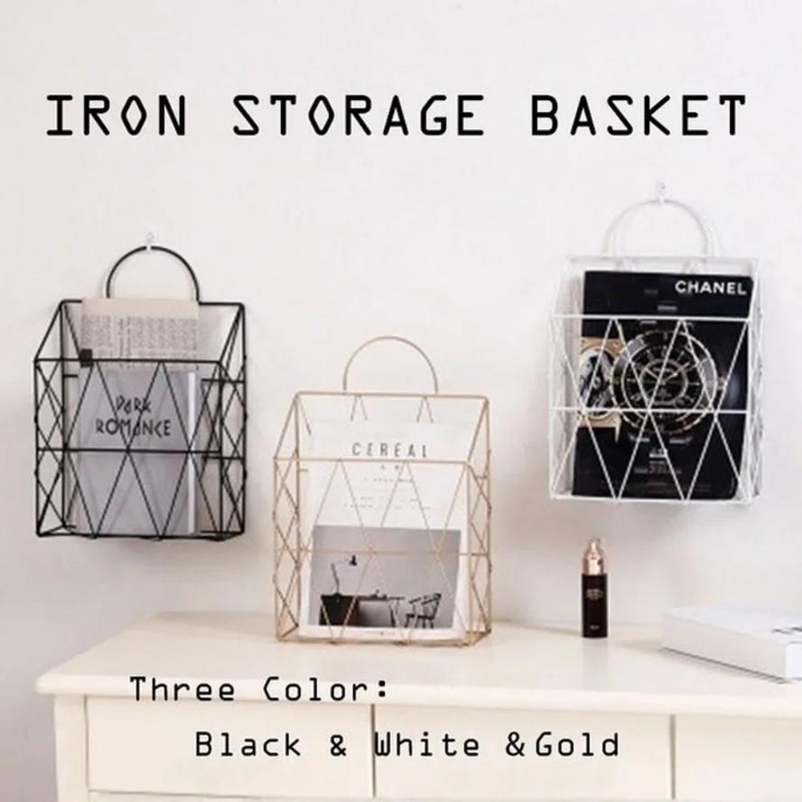 1 Pcs Wall-mounted Decorative Rack Storage Bag Wrought Iron Gift Basket Simple Newspaper Sundries Storage Basket