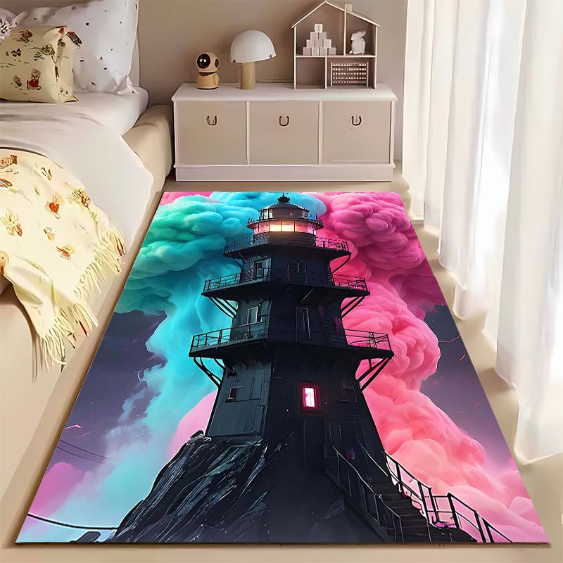 Fantasy Lighthouse Carpet with Pink and Blue Clouds Design Printed Suitable for use as an anti-slip for living room bedroom sofas