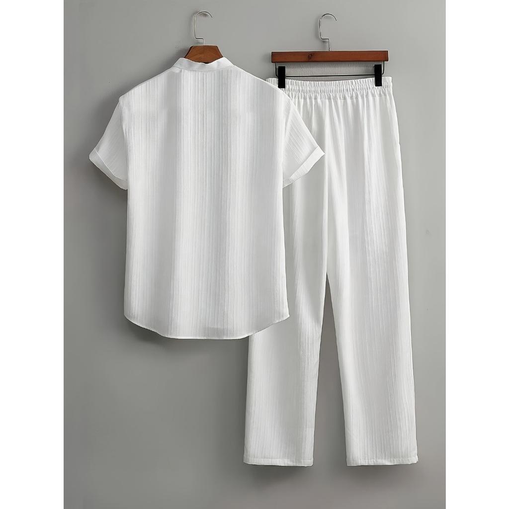 Men's Button Textured Casual Striped Short Sleeved Shirt and Elastic Straight Leg Pants Set, 2-piece Set
