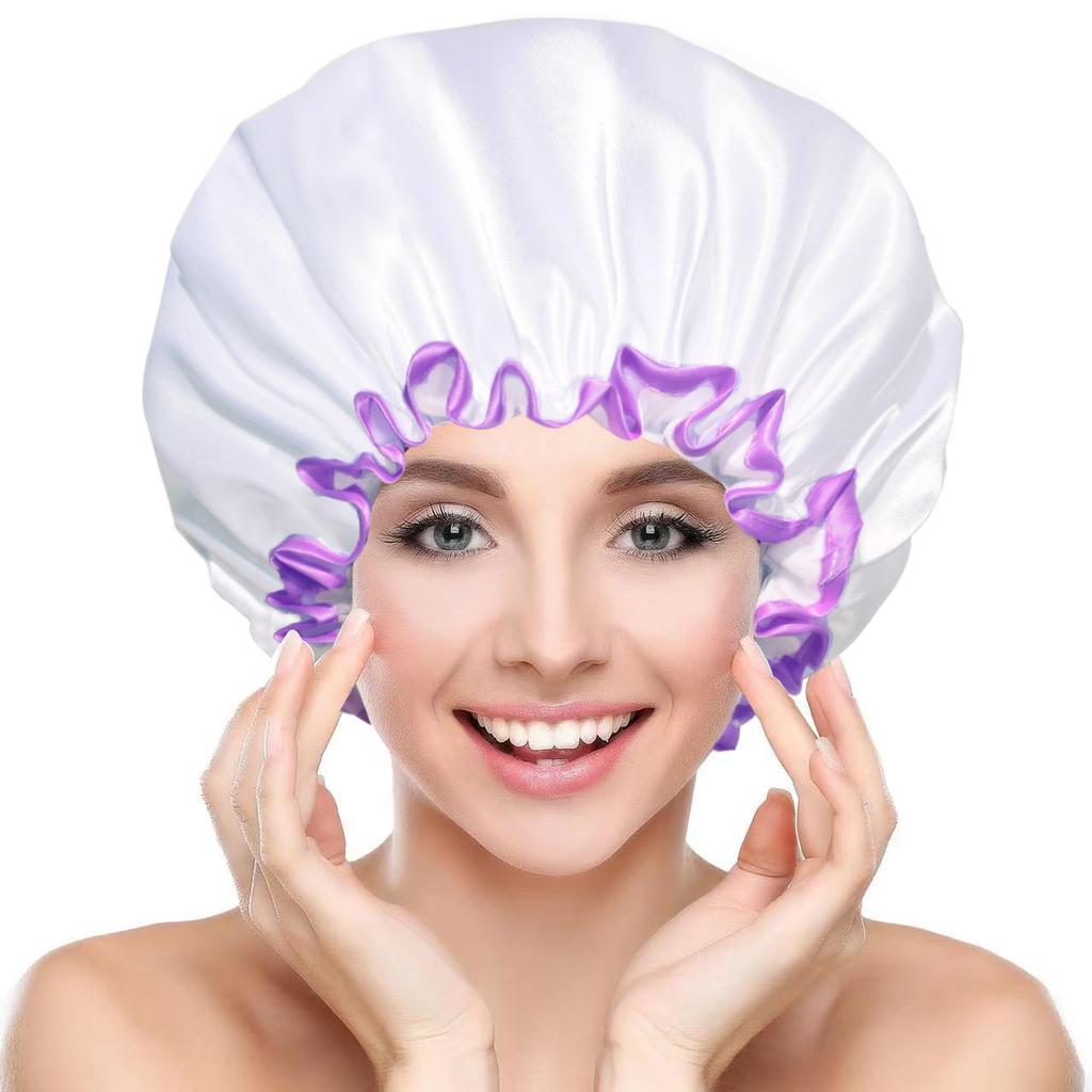 Large Female Shower Cap Solid Satin Double Layer Waterproof Bath Cap Peva Hair Baking Oil Cap Care Cap Shower Cap