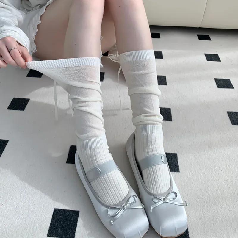 Lolita Long Socks Women Bandage Ribbon Bow Sweet Girls Kawaii Cute Middle Tube Socks Ballet Style Solid Color Black White Socks