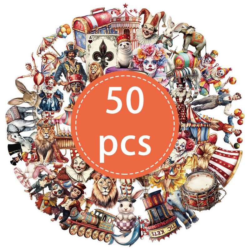 

50 ШТ. Вінтажні циркові наліпки Прозорий Клоун, Тварина, Намет, Ретро Карнавал Цирк Наклейка Водонепроникний ПЕТ для Щоденника, Хобі