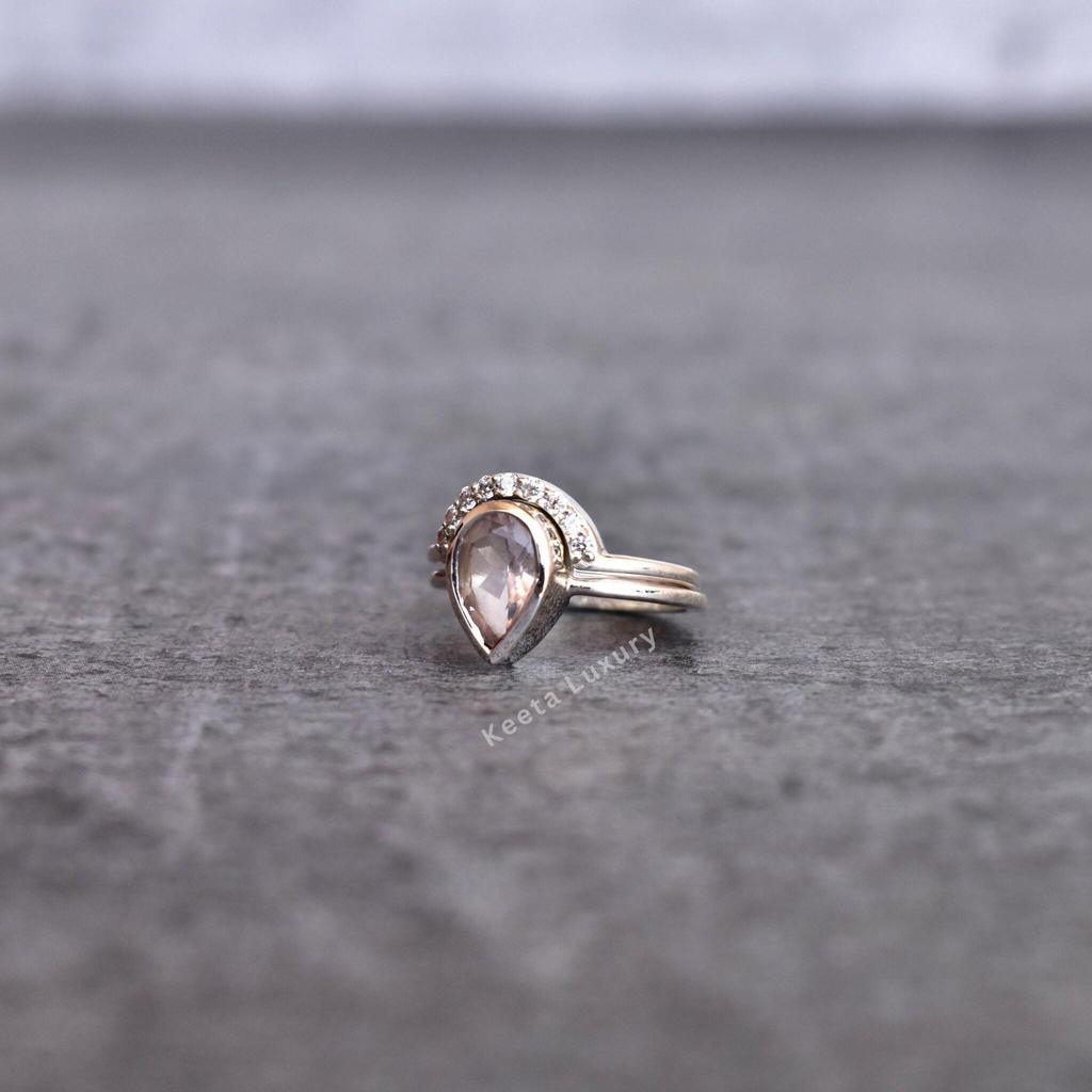 Natural Rose Quartz ring set Pink quartz statement ring with eternity band Sterling silver fashion ring for women Pear cut ring