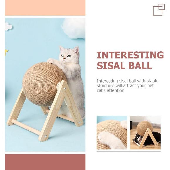 POPETPOP Cat Scratching Ball Toy - Small Rotatable Kitten Scratcher Sisal Toy, Wood Cat Scratcher with Ball for Indoor Kitties To Grind Claws, Cat