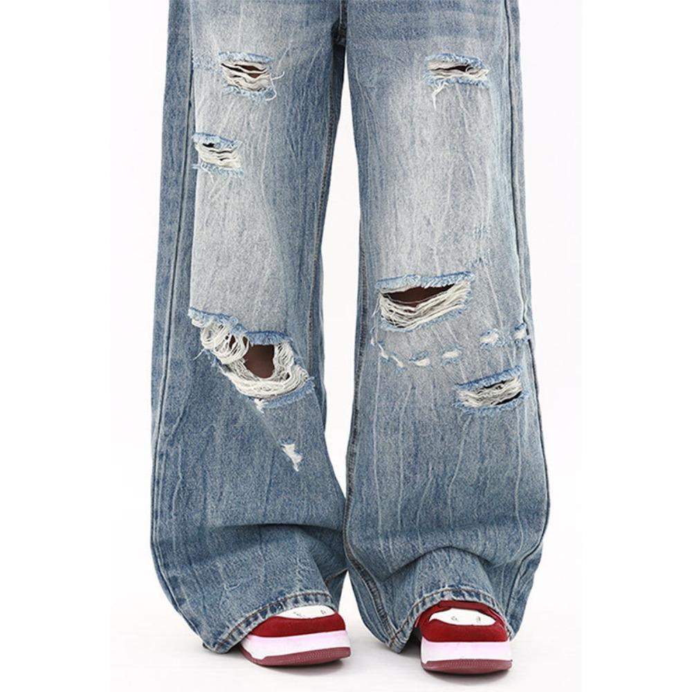 Women's High Waist Wide Leg Jeans Non Stretch Vintage Washed Heavy Ripped American Streetwear Denim Trousers