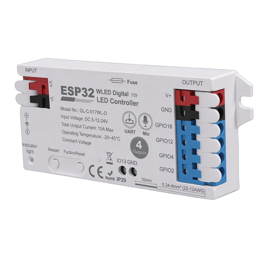 Digitaler LED-Streifen-Controller mit Mikrofon 15A Sicherung Typ C UART Download-Port Bis zu 800 LED-Perlen anschließbar 4-Kanal-Ausgang