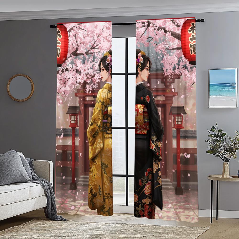 2pc   Window Curtains Art Japanese Sakura Kimono Girl Machine Washable Polyester  Without Electricity Festive Holiday for Bedroom