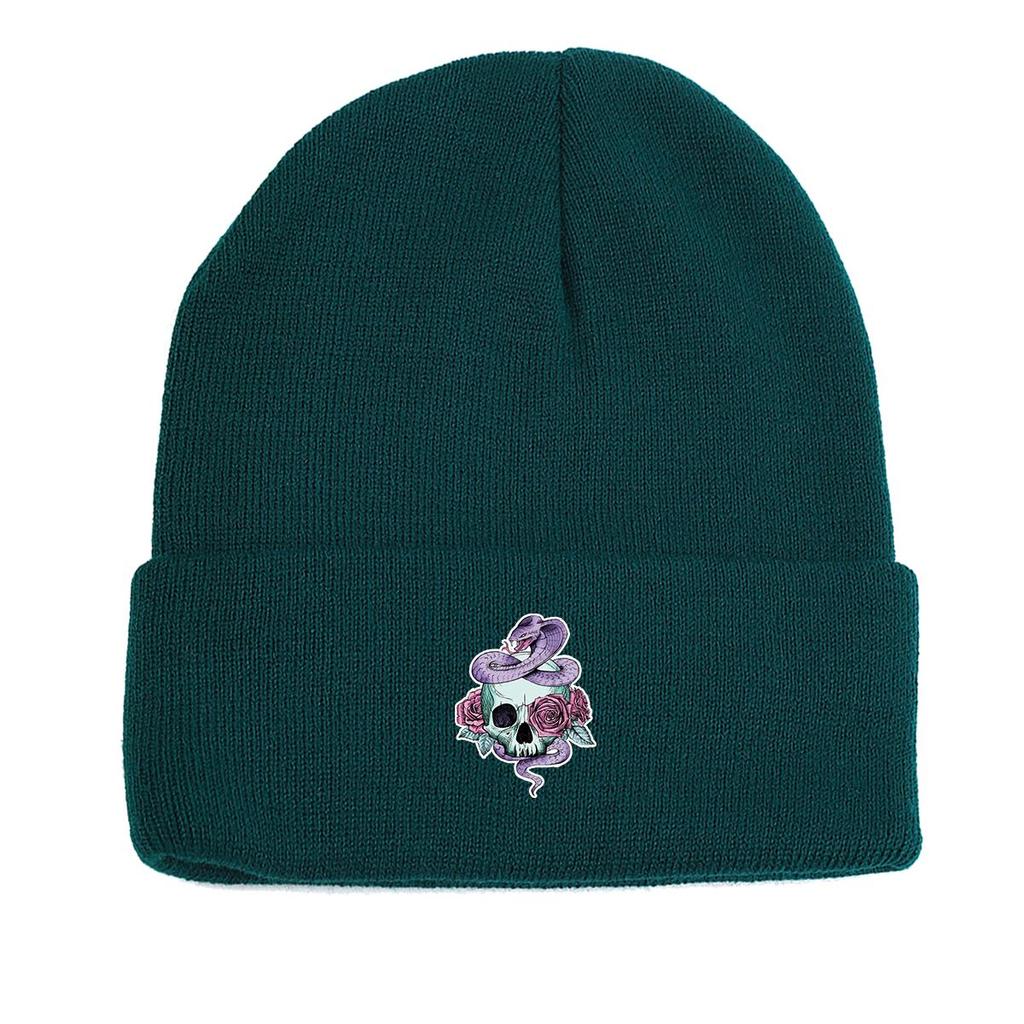 Skull Snake Rose Warm Knitted Cap Beanie, Scary Animal Woman Cap Cozy Slouchy Solid Bonnet Knitted Cap Beanie