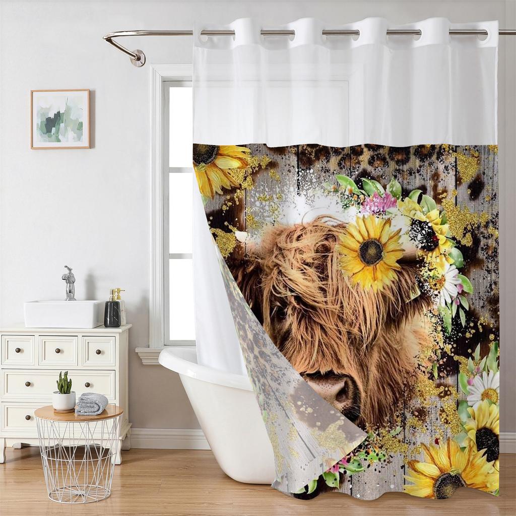 No Hook Bull Sunflowe pattern Shower Curtain With Snap-in Fabric Liner Sheer Top Window, Waterproof Double Layer Bathtub curta