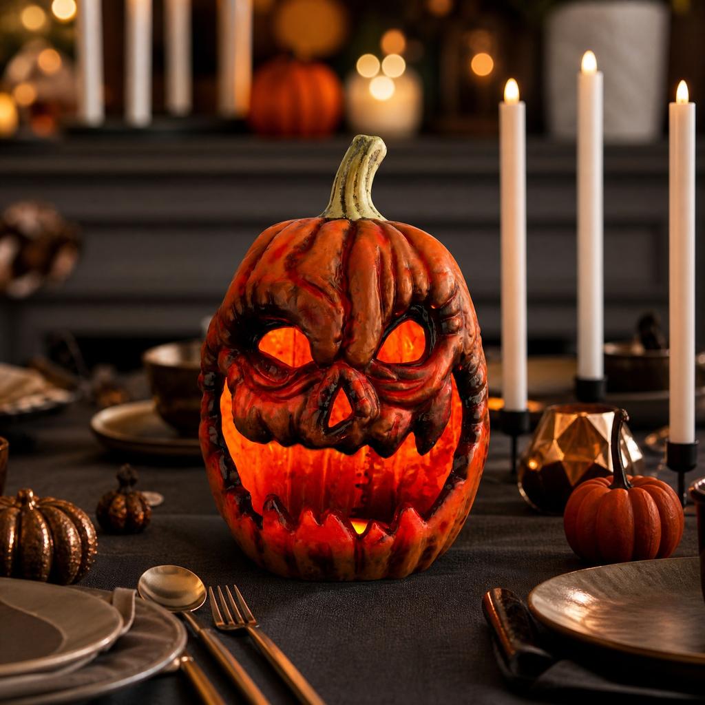 Halloween Pumpkin Craft Ornament Decoration with Carved Face Design for Seasonal Home Display and Festive Tabletop Arrangement
