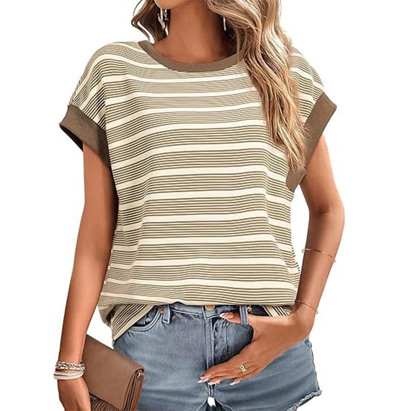 Summer Women's New Round Neck Striped Knitted T-shirt Fashionable Loose and Versatile Contrasting Color Top
