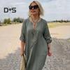 Women Dress V Neck Button Decor Long Sleeve Loose Solid Color Plus Size Mid-calf Length Simple Style Commute Daily Wear Midi Dress
