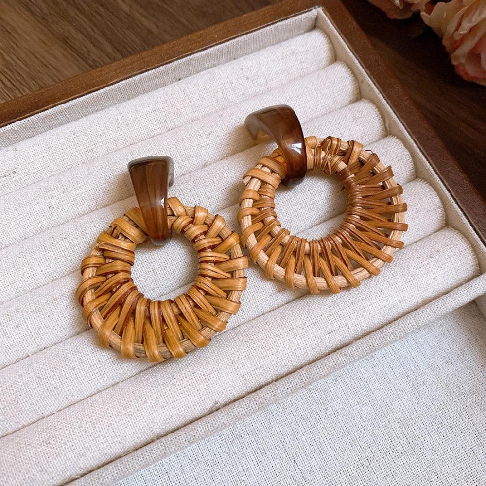 Beach Jewelry Bohemian Drop Earrings Round Geometric Earrings Rattan Weave Earrings  Women