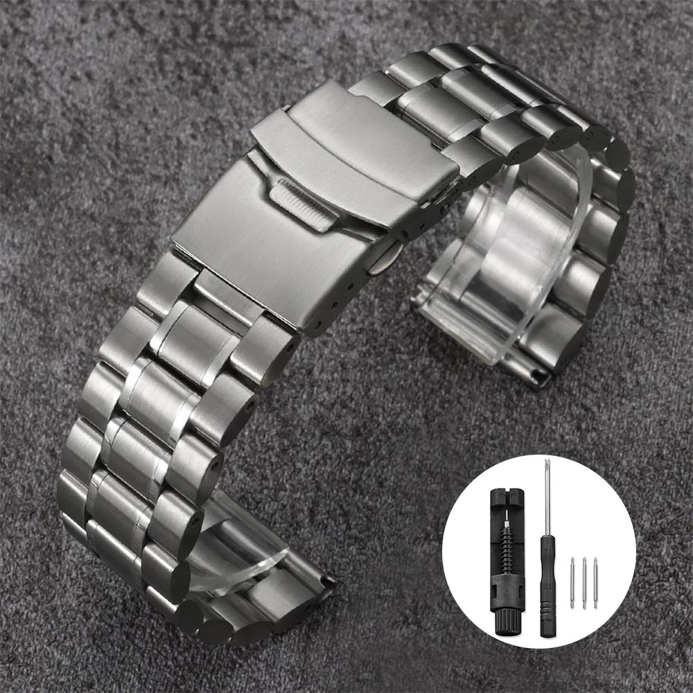 Solid Stainless Steel Watch Strap 18/20/22/24mm Silver Metal Curved End Double Press Folding Buckle Bracelet WatchBand for Seiko