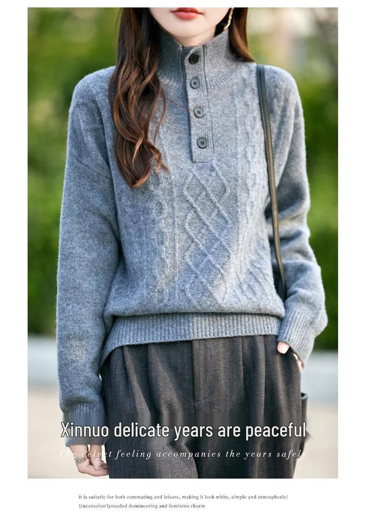 Women's Wool Half-High Collar Pullover Sweater - 25 New Autumn Winter Knit Base Layer Top