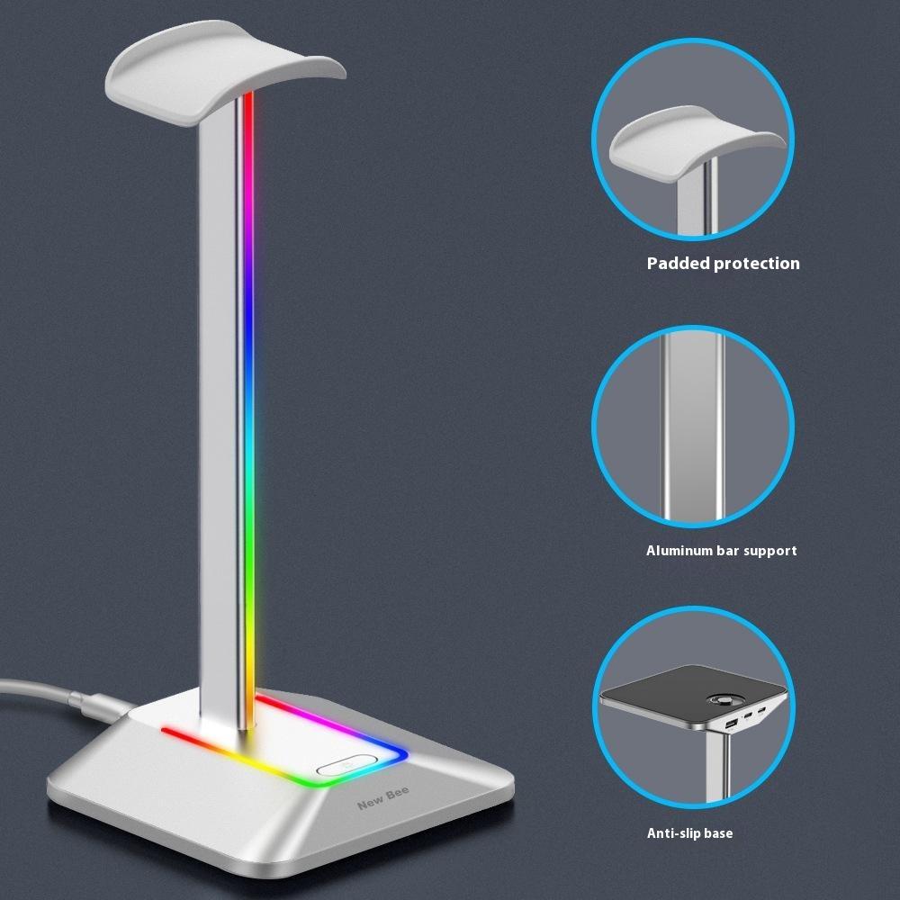 NEW BEE Z8 RGB Light Headphone Stand with USB + Type-C Expansion Hub Gaming Headset Holder Display Rack