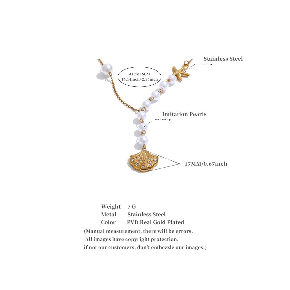 Yhpup Trendy Simulated Pearls Bead Chain Pendant Shell Zircon Necklace 18K PVD Plated High Quality Fashion Summer Jewelry