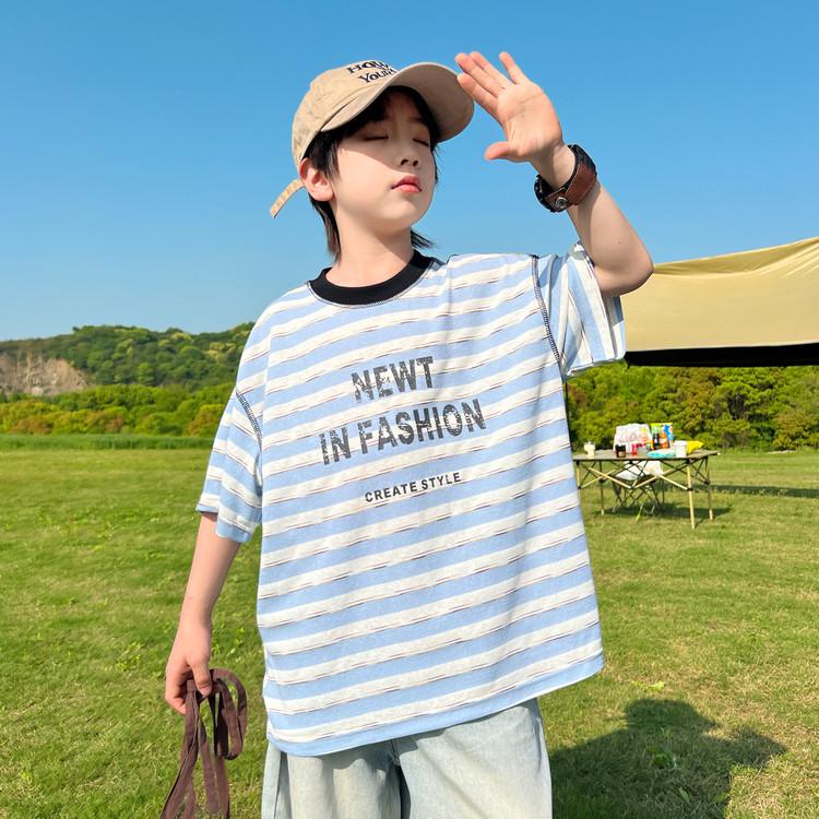 Korean-Style Boys Striped Summer T-Shirt Set 2026 - Breathable, Thin, Short Sleeve, Casual Fashion 140 (Height ~130cm)