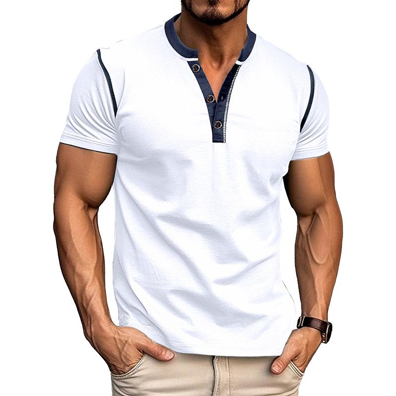 

Мужская темно-синяя футболка хенли с коротким рукавом, коричневая контрастная отделка, застежка на пуговицы, повседневный топ S белый