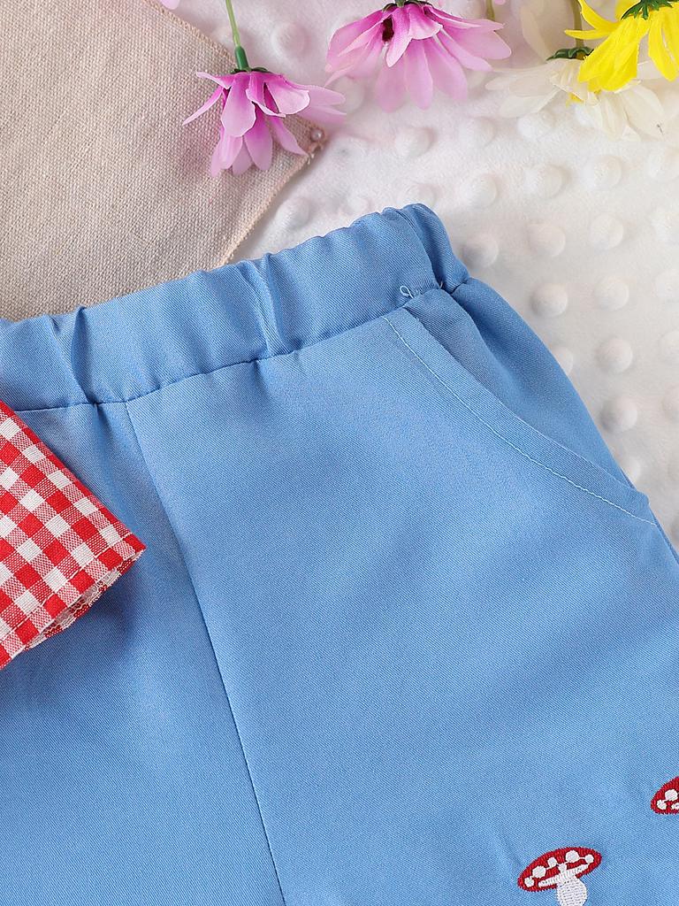 Summer Baby Girl Checkered Lace Trimmed Short Sleeve Two Piece Set with Bow and Mushroom Embroidery