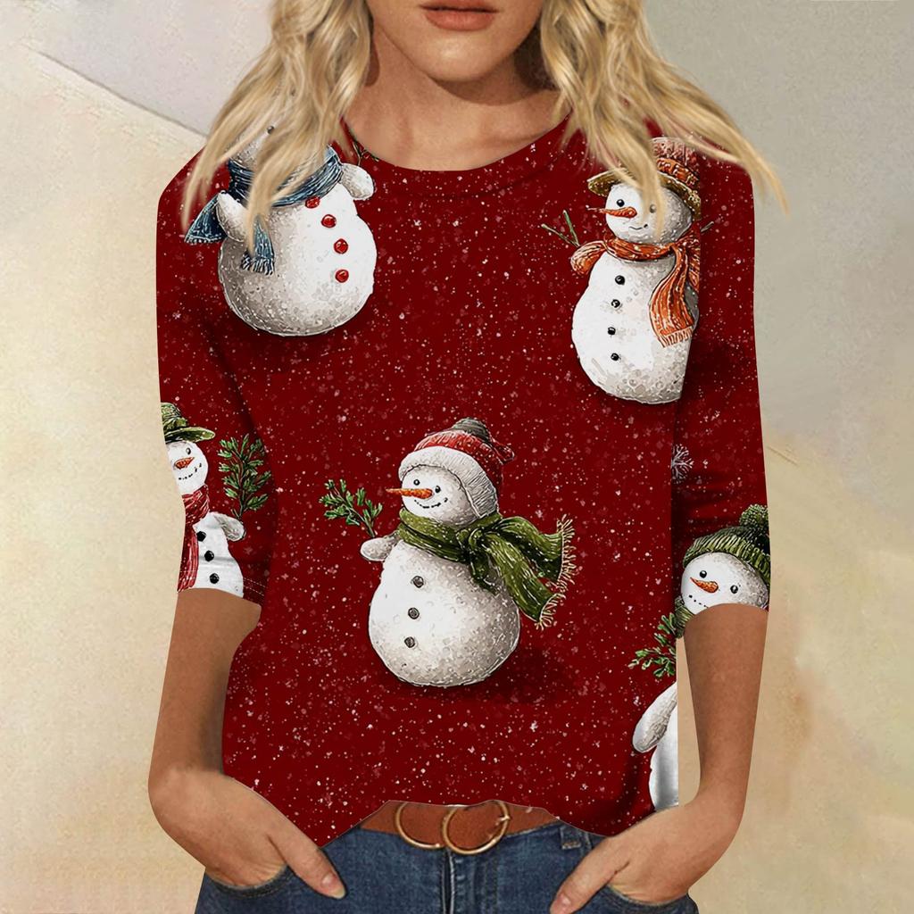 Women's Fashionable Casual Three-Quarter Sleeve Halloween Print Round Neck Top