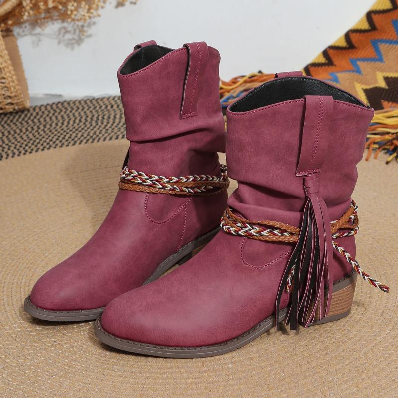 Retro Tassel Cowboy Boot Flat Heel Women Ankle Boots Pointed Toe Slip Chunky Punk Fashion Short Boots Botas De Mujer