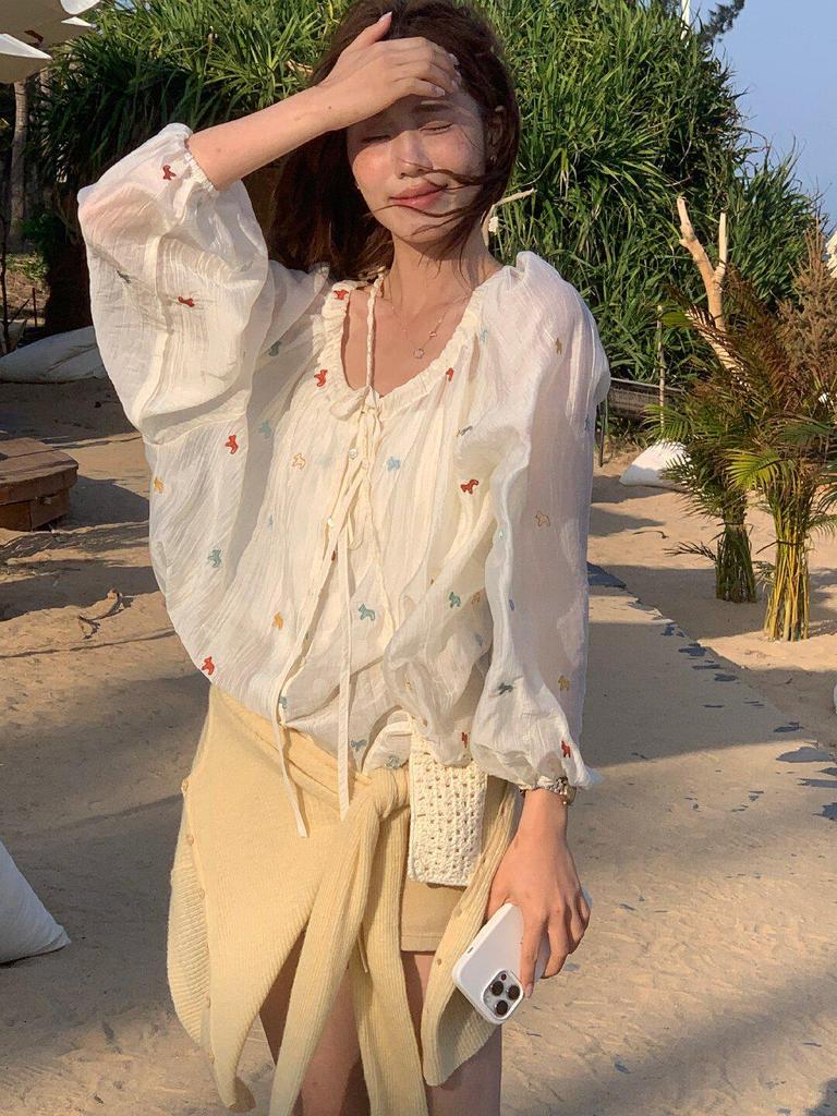 Women's Long Sleeve Lemon Green Tea Floral Embroidered Shirt – Slimming Tie-Up Sun Protection Top