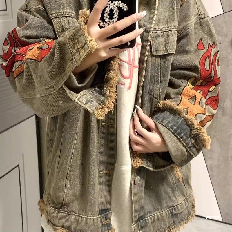 Unisex Street Rapper Retro Denim Jacket - Loose Fit, Plus Size, Spring/Autumn Hong Kong Style